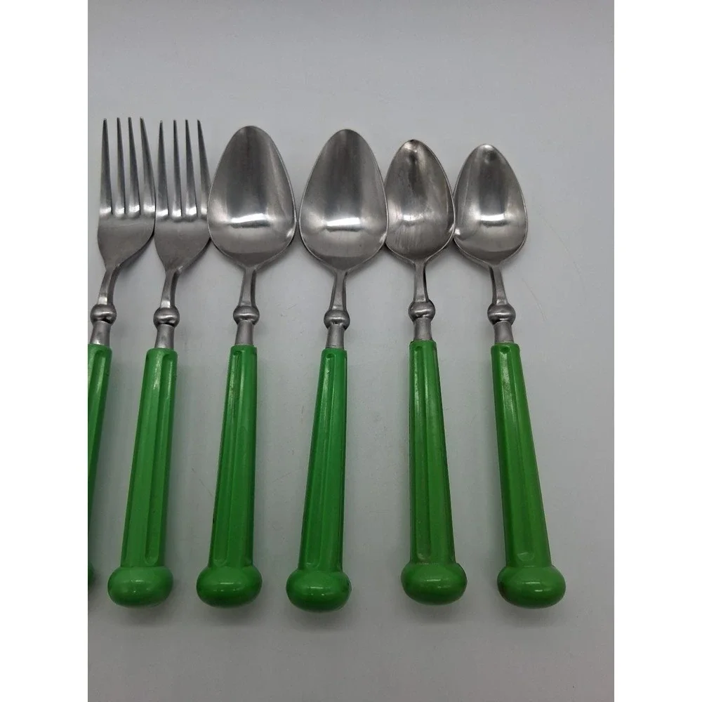 6 Piece Vintage Oxford Hall Oval Soup Spoon & Fork Lime Green Japan